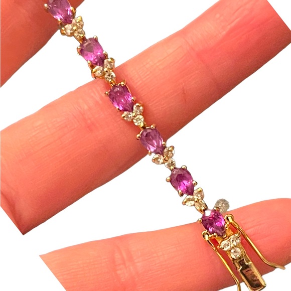 Sterling silver 925 Gold plt DBJ Thai CZ Simulated Amethyst tennis bracelet - Picture 2 of 12
